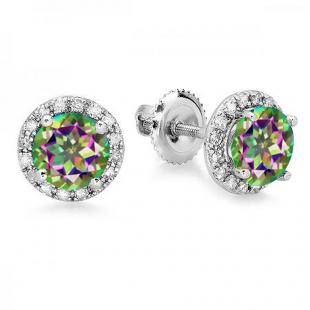 2.00 Carat (ctw) 14K White Gold Round Rainbow Topaz & White Diamond Ladies Halo Style Stud Earrings 2 CT